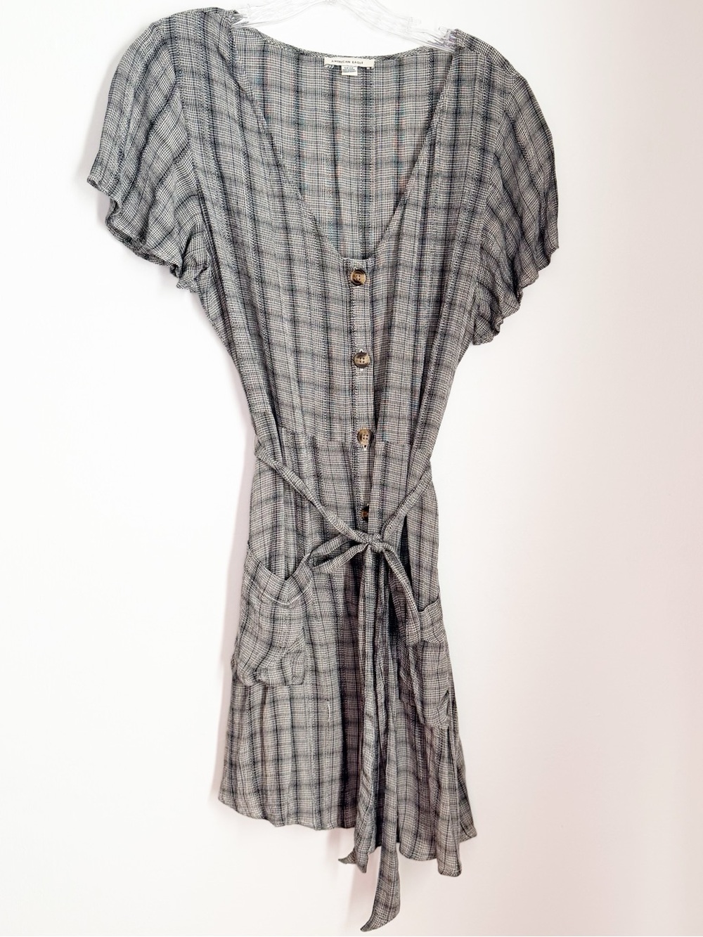 American Eagle Outfitters Gray Plaid Button-Front Tie-Waist Mini Dress